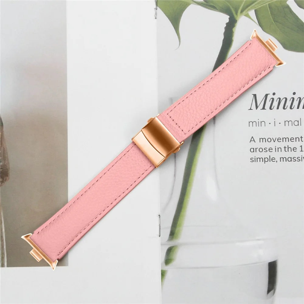 For Xiaomi Smart Band 10 Pro / 9 Pro / 8 Pro / Redmi Watch 6 / 5 / 4 Genuine Leather Watch Band with Rose Gold Connector Turtle Back Buckle - Pink - 5