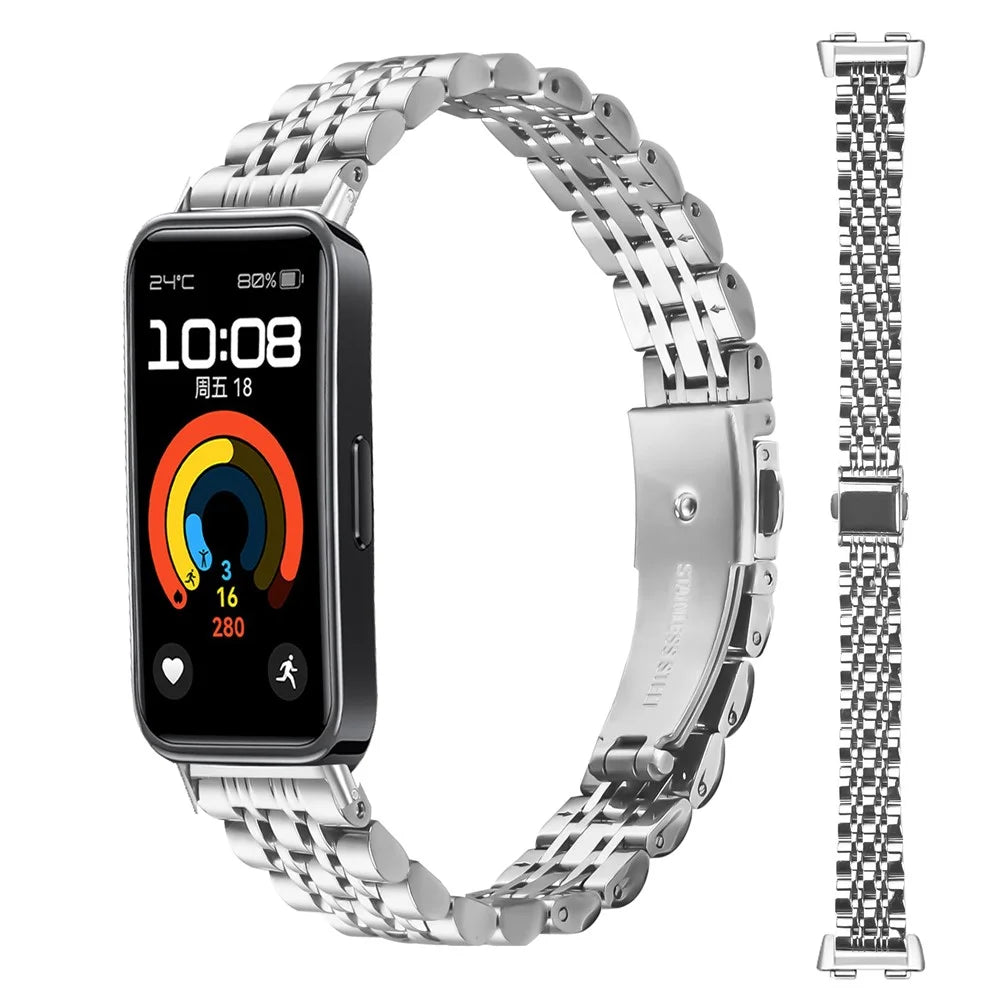 Watch Band For Huawei Band 10 / 9 / 8 , Slim 7-Bead Stainless Steel Strap - Silver - 3