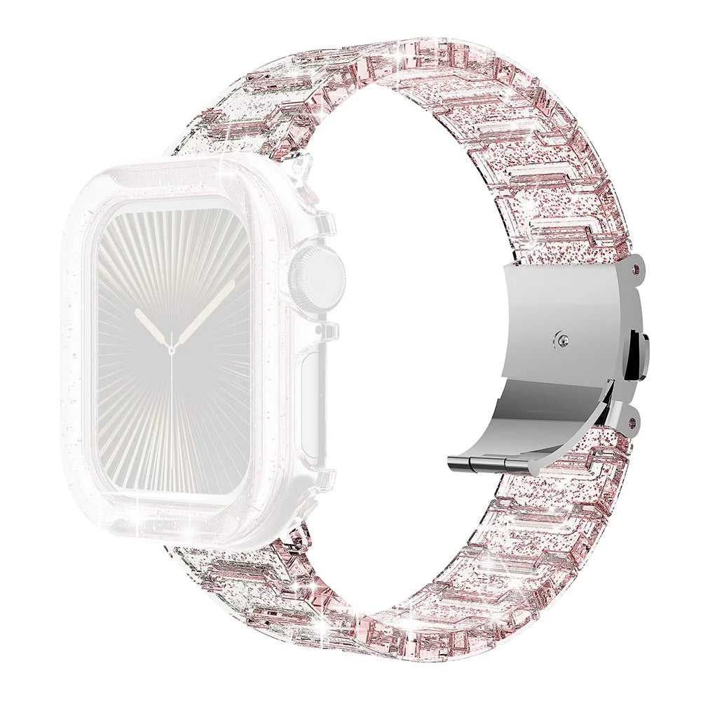 For Apple Watch SE3 SE2 SE 6 5 4 44mm Band Stylish PC Epoxy Resin Smartwatch Strap + Watch Case - Pink - 1