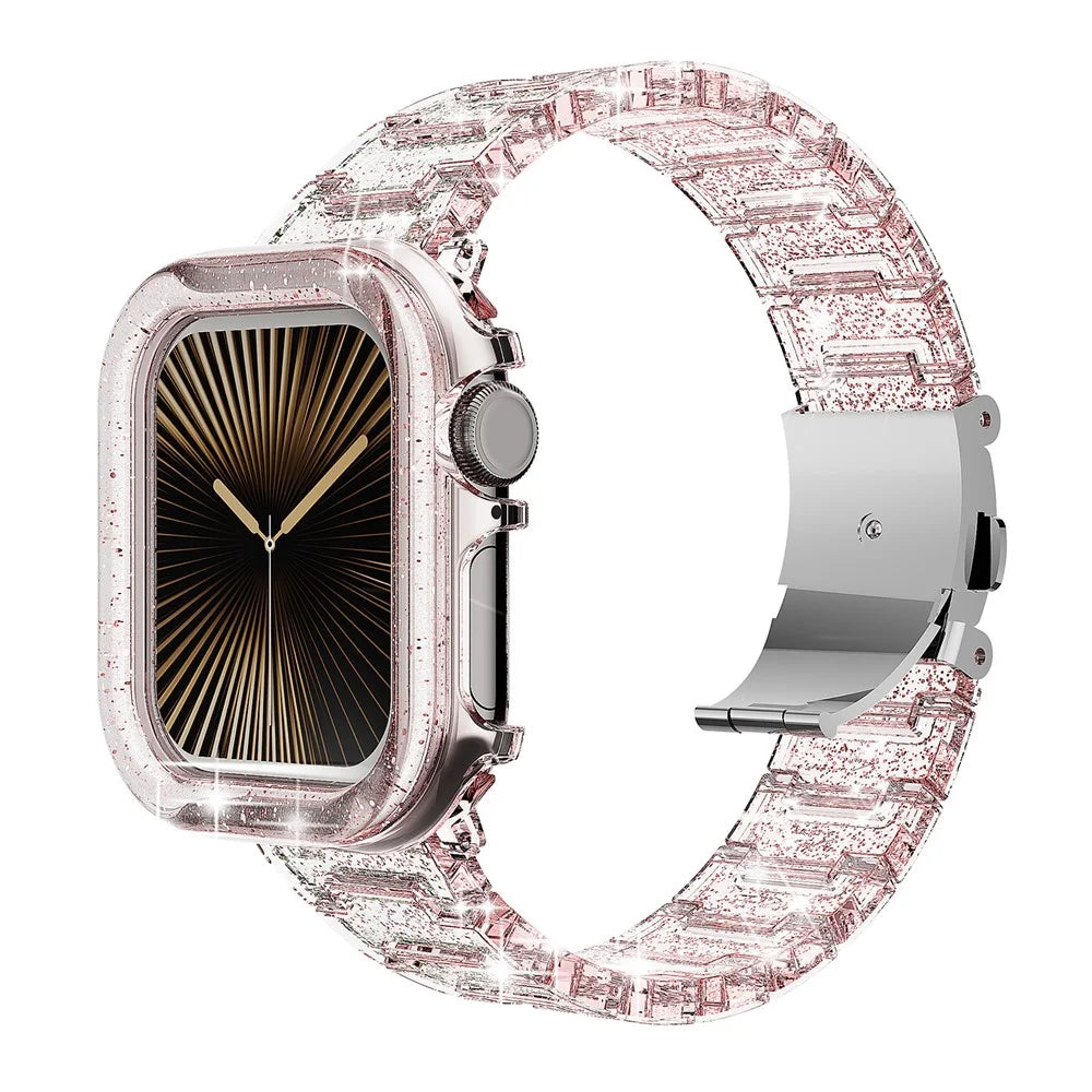For Apple Watch SE3 SE2 SE 6 5 4 44mm Band Stylish PC Epoxy Resin Smartwatch Strap + Watch Case - Pink - 2
