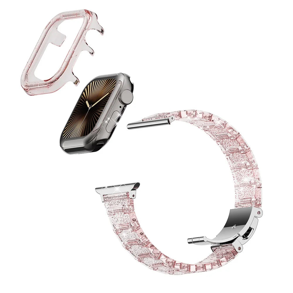 For Apple Watch SE3 SE2 SE 6 5 4 44mm Band Stylish PC Epoxy Resin Smartwatch Strap + Watch Case - Pink - 3