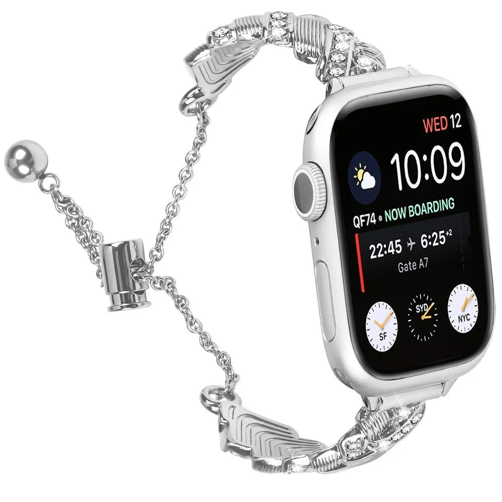 Watch Band For Apple Watch Series 11 10 42mm / 9 8 7 41mm / SE3 SE2 SE 6 5 4 40mm / 3 2 1 38mm , Drawstring Lock Zinc Alloy Rhinestone Decor Bracelet Strap - Silver - 2