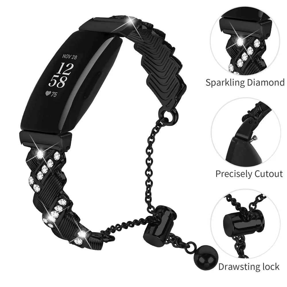 Watch Band For Fitbit Inspire / Inspire 2 / Inspire HR , Drawstring Lock Electroplated Zinc Alloy Rhinestone Decor Bracelet Strap - Black - 3