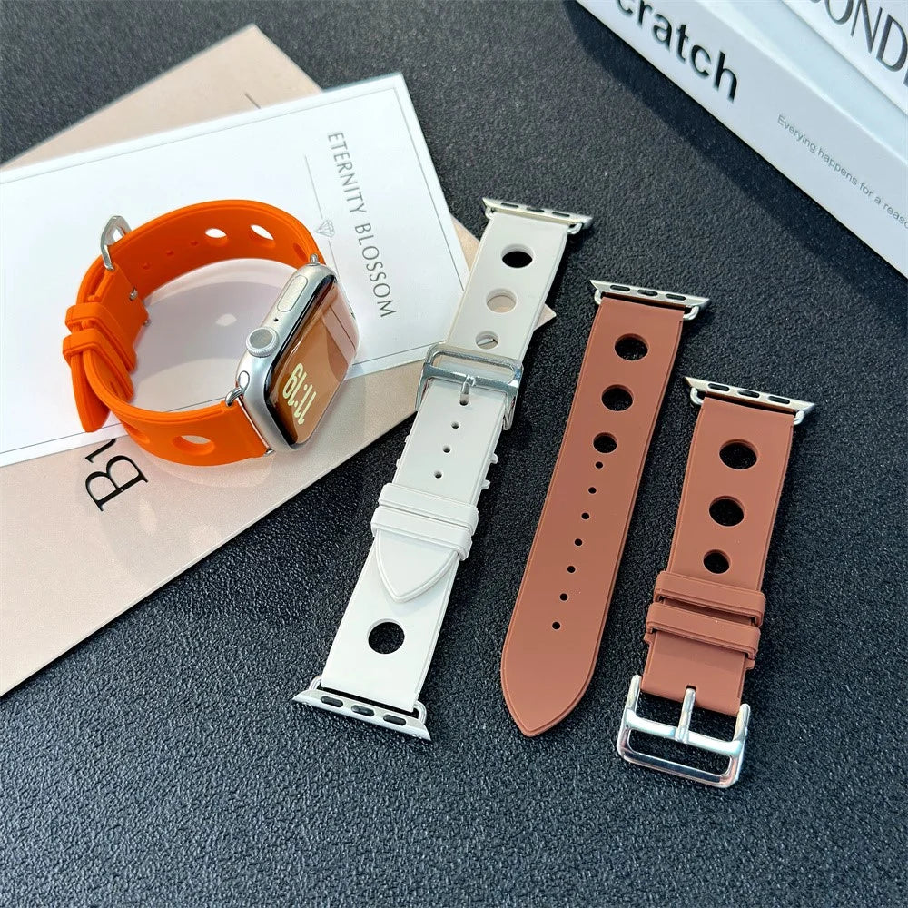 Silicone Watch Band for Apple Watch Series 11 10 42mm / 9 8 7 41mm / SE3 SE2 SE 6 5 4 40mm / 3 2 1 38mm Holes Design Strap - Brown - 6