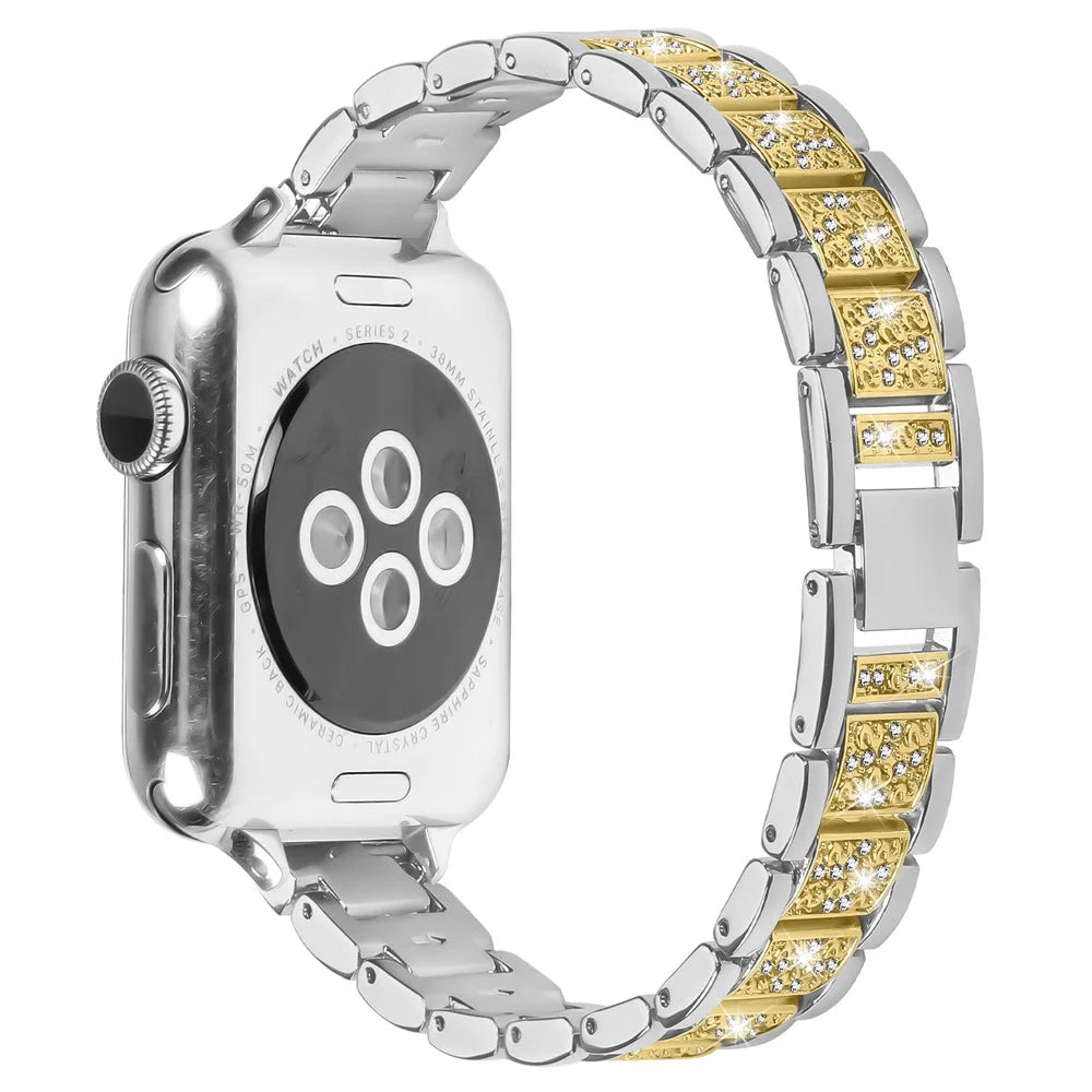Contrasting Color Slim Band for Apple Watch Ultra 3 2 1 49mm  /  Series 11 10 46mm  /  9 8 7 45mm  /  SE3 SE2 SE 6 5 4 44mm  /  3 2 1 42mm Metal Watch Strap with Rhinestones Decor - Silver / Gold - 1