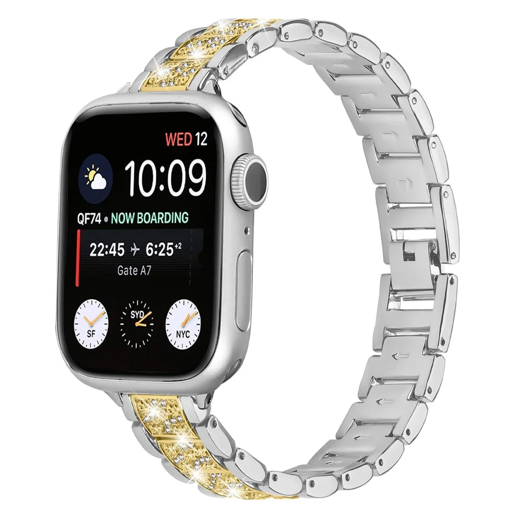 Contrasting Color Slim Band for Apple Watch Ultra 3 2 1 49mm  /  Series 11 10 46mm  /  9 8 7 45mm  /  SE3 SE2 SE 6 5 4 44mm  /  3 2 1 42mm Metal Watch Strap with Rhinestones Decor - Silver / Gold - 2