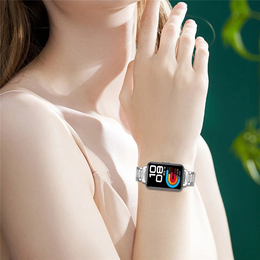 Zinc Alloy Slim Band for Huawei Band 10 / 9 / 8 Smart Watch Silver Strap with Rhinestones Decor - 4