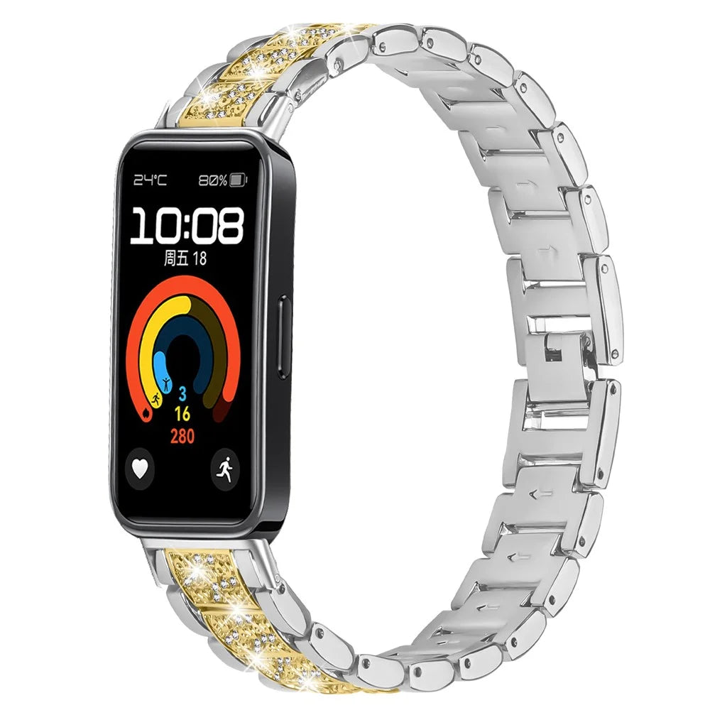 Contrasting Color Slim Band for Huawei Band 10 / 9 / 8 Metal Watch Strap with Rhinestones Decor - Silver / Gold - 2