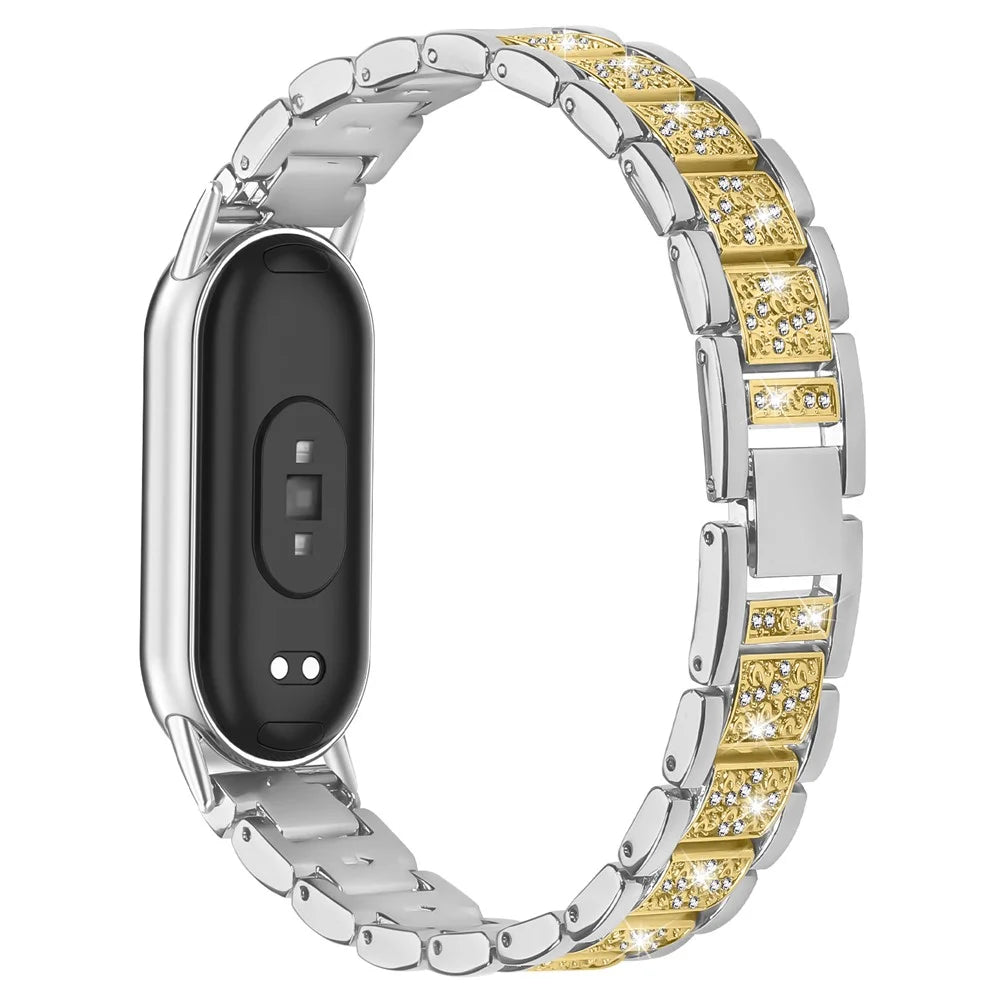 Contrasting Color Slim Band for Xiaomi Smart Band 10 / 9 / 8 Metal Watch Strap with Rhinestones Decor - Silver / Gold - 1