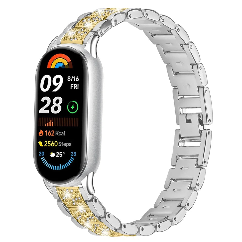 Contrasting Color Slim Band for Xiaomi Smart Band 10 / 9 / 8 Metal Watch Strap with Rhinestones Decor - Silver / Gold - 2