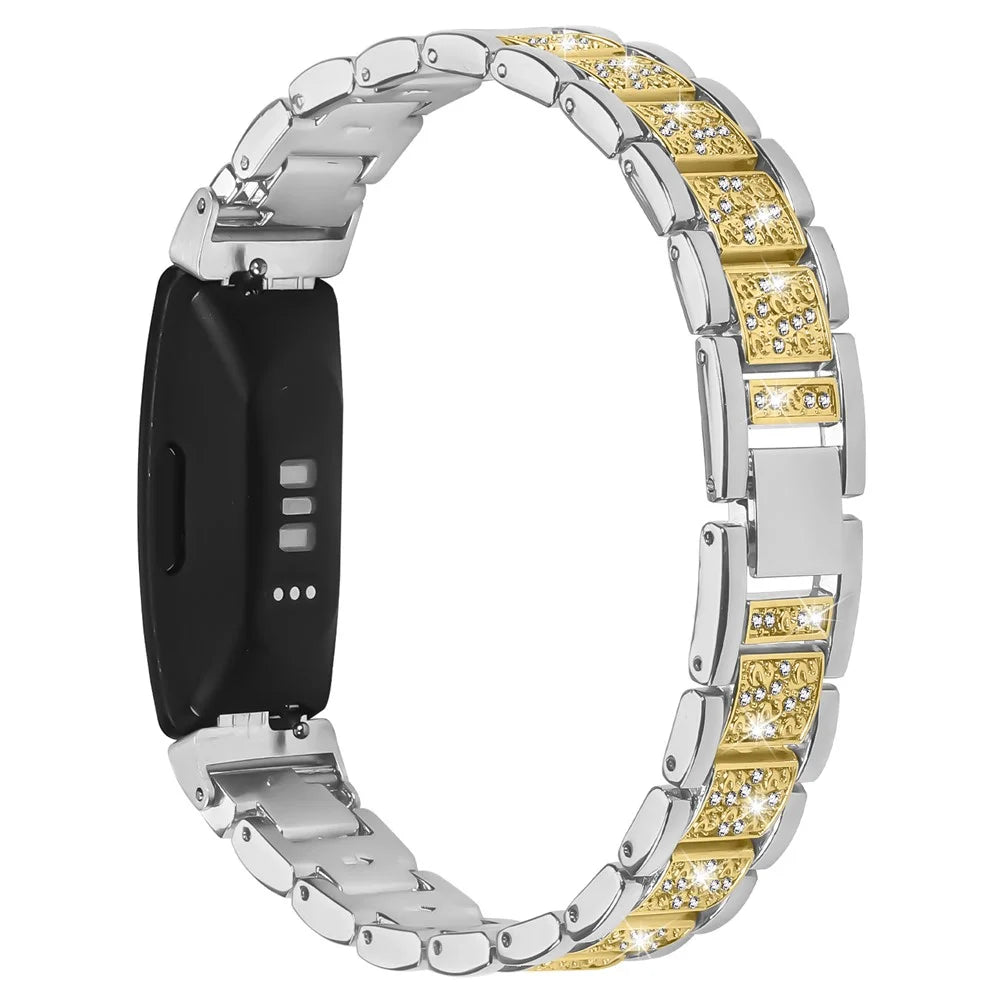 Contrasting Color Slim Band for Fitbit Inspire 2 / Inspire / Inspire HR Metal Watch Strap with Rhinestones Decor - Silver / Gold - 1