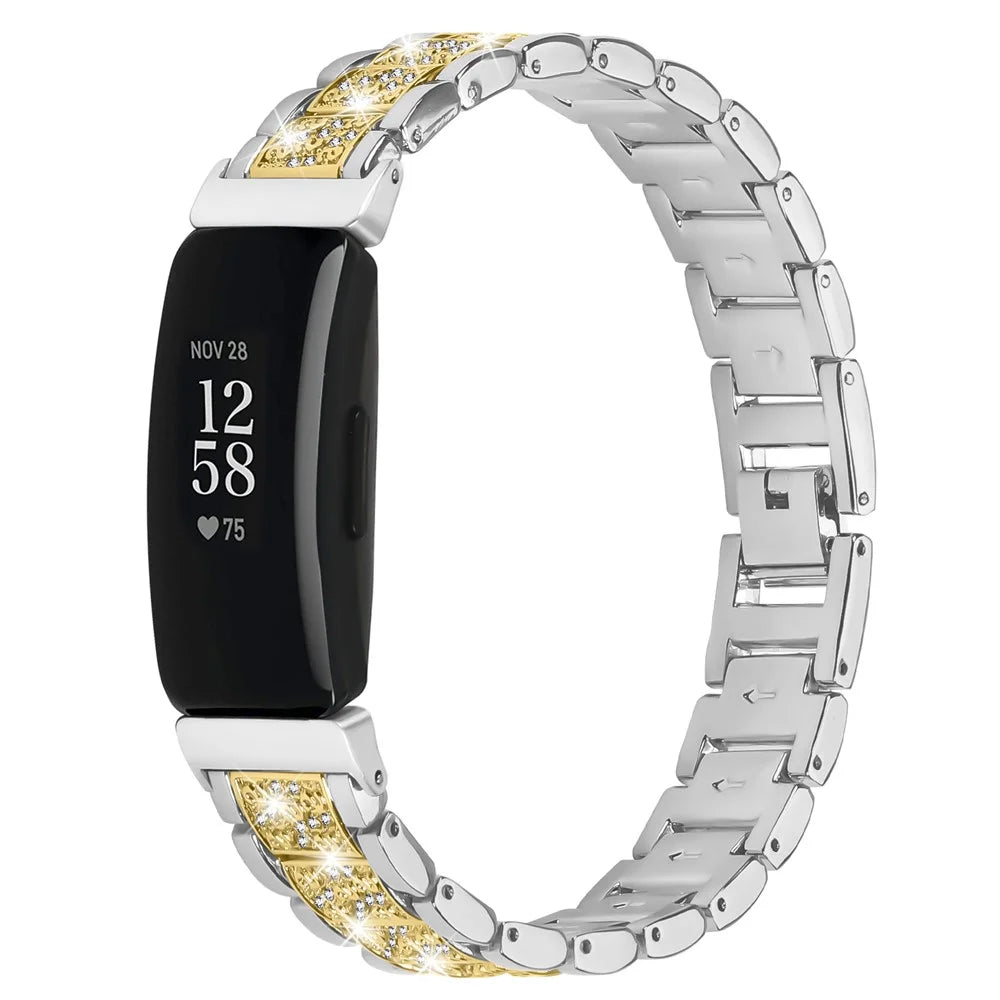 Contrasting Color Slim Band for Fitbit Inspire 2 / Inspire / Inspire HR Metal Watch Strap with Rhinestones Decor - Silver / Gold - 2