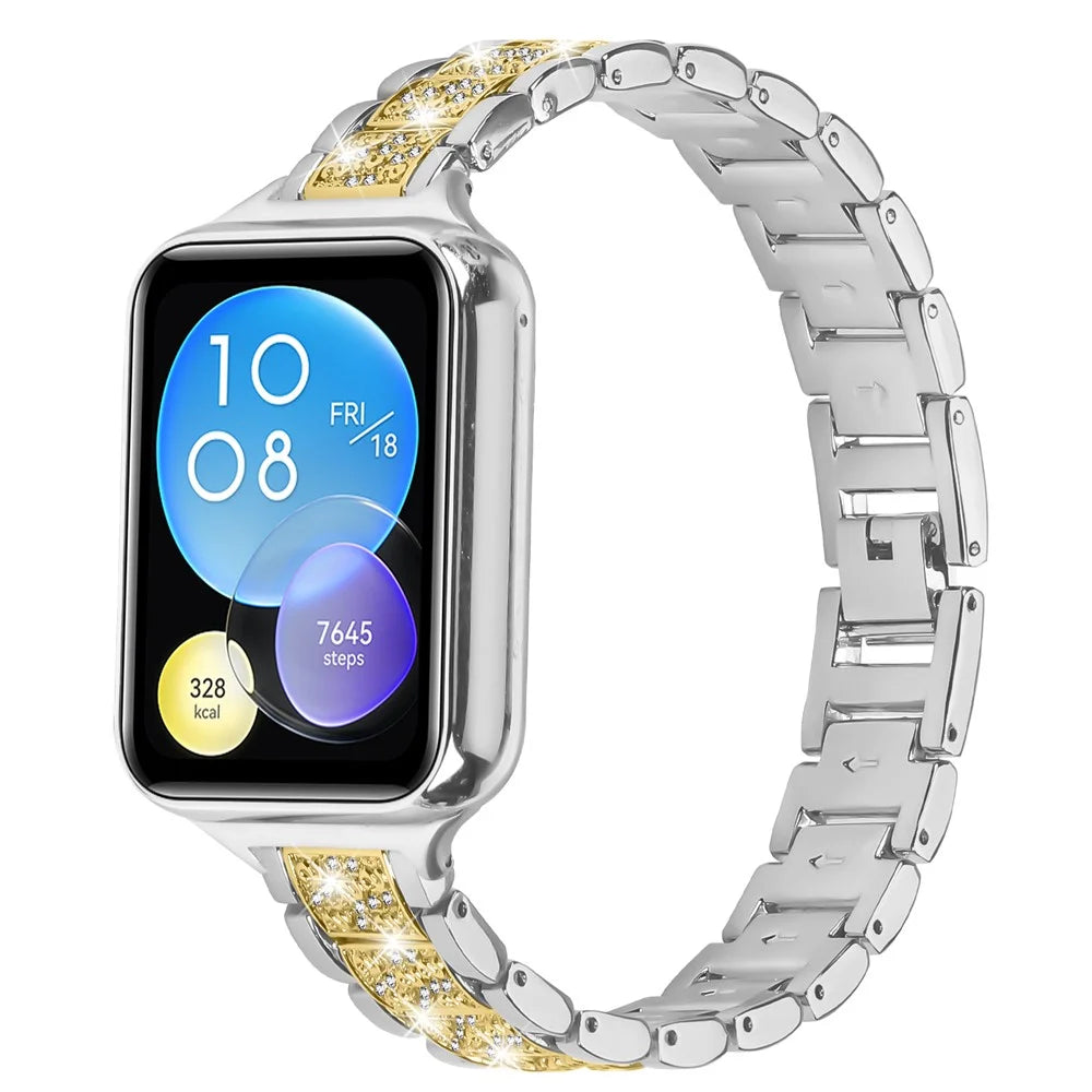Contrasting Color Slim Band for Xiaomi Smart Band 10 Pro / 9 Pro / 8 Pro / Redmi Watch 6 / 5 / 4 Metal Watch Strap with Rhinestones Decor - Silver / Gold - 2