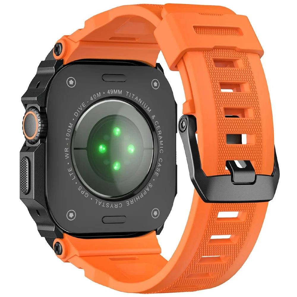 Silicone Band with Half Guard Case for Apple Watch Series 11 46mm Textured Replacement Watch Strap - Black Buckle / Orange - 2
