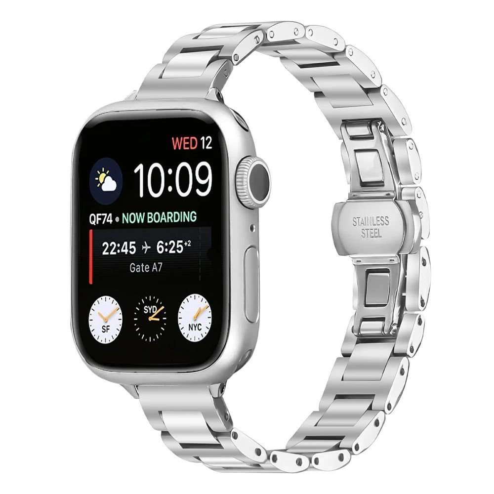 Watch Band For Apple Watch Series 11 10 42mm  /  9 8 7 41mm  /  SE3 SE2 SE 6 5 4 40mm  /  3 2 1 38mm Butterfly Clasp Stainless Steel Silver Strap - 2