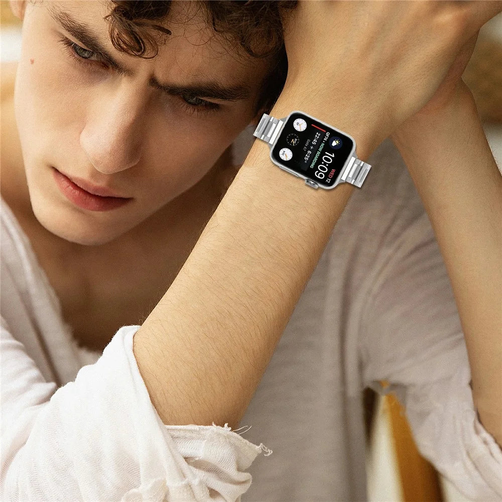 Watch Band For Apple Watch Series 11 10 42mm  /  9 8 7 41mm  /  SE3 SE2 SE 6 5 4 40mm  /  3 2 1 38mm Butterfly Clasp Stainless Steel Silver Strap - 5