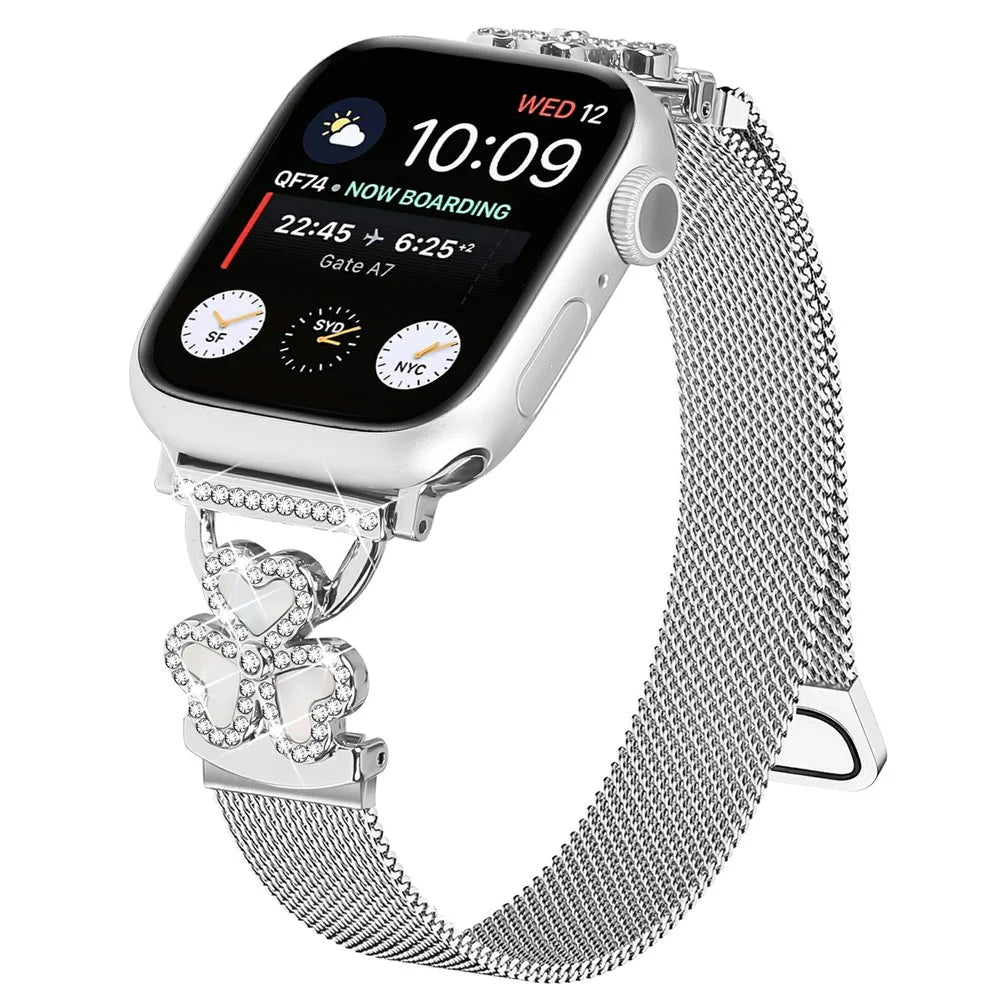 Silver Milanese Strap for Apple Watch Series 11 10 42mm  /  9 8 7 41mm  /  SE3 SE2 SE 6 5 4 40mm  /  3 2 1 38mm Heart Clover Watchband - 2