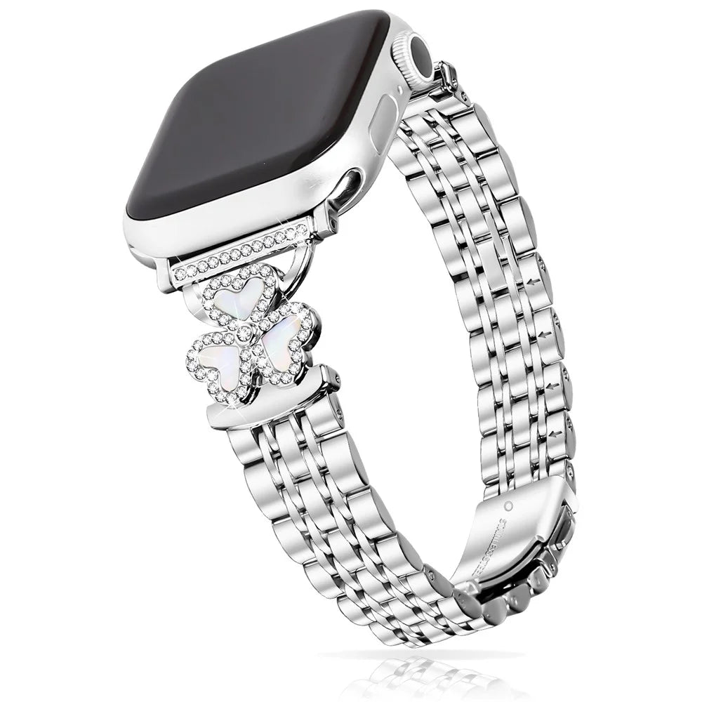 Silver Heart Clover Metal Band for Apple Watch Series 11 10 42mm  /  9 8 7 41mm  /  SE3 SE2 SE 6 5 4 40mm  /  3 2 1 38mm Watch Strap 7-Bead Shiny Design - 3