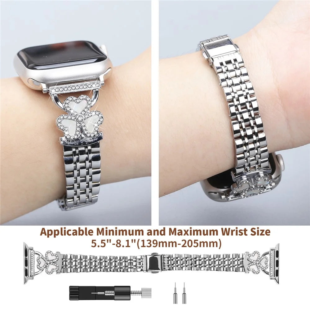 Silver Heart Clover Metal Band for Apple Watch Series 11 10 42mm  /  9 8 7 41mm  /  SE3 SE2 SE 6 5 4 40mm  /  3 2 1 38mm Watch Strap 7-Bead Shiny Design - 5