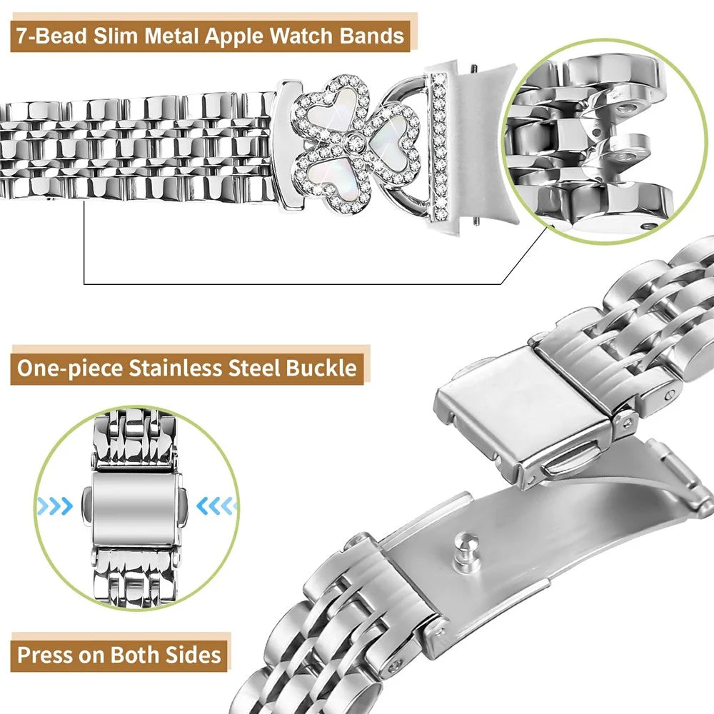 7-Bead Heart Clover Silver Band with Quick Release Connector for Samsung Galaxy Watch7 / 6 / 5 / 4 44mm 40mm / FE 40mm / 5 Pro 45mm / 6 Classic 43mm 47mm / 4 Classic 46mm 42mm Metal Watch Strap Shiny Design - 4