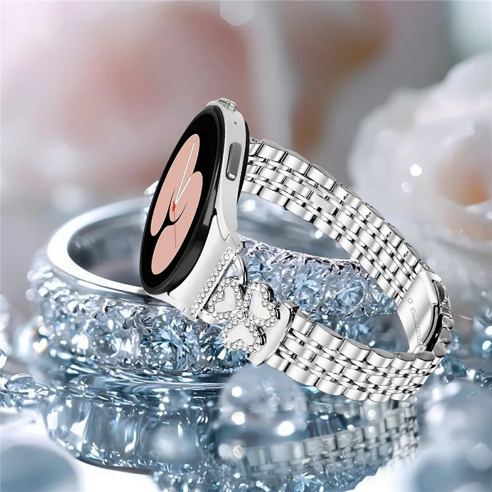 7-Bead Heart Clover Silver Band with Quick Release Connector for Samsung Galaxy Watch7 / 6 / 5 / 4 44mm 40mm / FE 40mm / 5 Pro 45mm / 6 Classic 43mm 47mm / 4 Classic 46mm 42mm Metal Watch Strap Shiny Design - 6