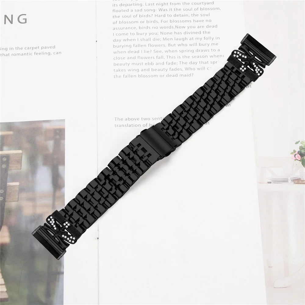 For Fitbit Versa 4 / Sense 2 Watch Strap Rhinestone Butterfly Decor Stainless Steel Band - Black - 4