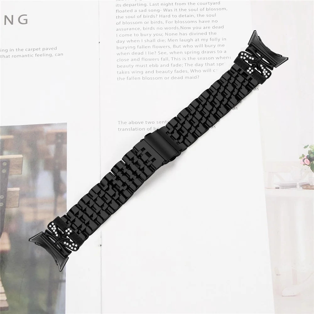 Watch Strap for Google Pixel Watch 4 41mm / Watch 3 41mm / Watch 2 / Watch Rhinestone Butterfly Decor Stainless Steel Band - Black - 4