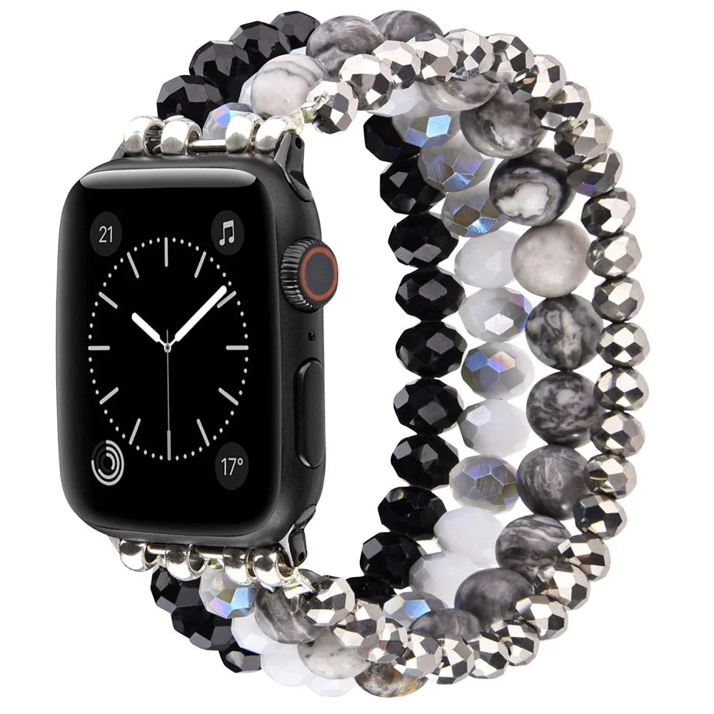 Beaded Replacement Strap for Apple Watch Series 11 10 42mm  /  9 8 7 41mm  /  SE3 SE2 SE 6 5 4 40mm  /  3 2 1 38mm Elegant Bracelet Watch Band with Metal Connector - Black - 2