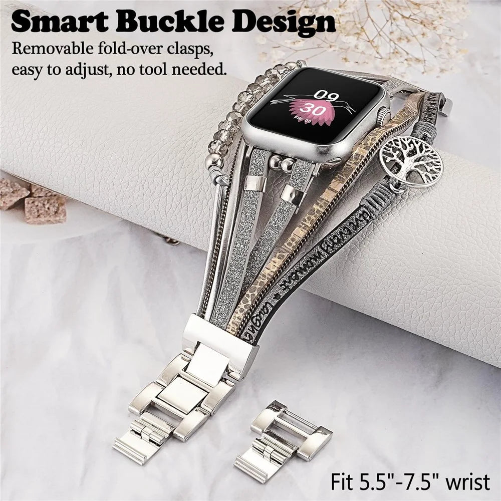 Genuine Leather + Metal Band for Apple Watch Series 11 10 42mm  /  9 8 7 41mm  /  SE3 SE2 SE 6 5 4 40mm  /  3 2 1 38mm Multi-layer Bracelet Wrist Strap with Folding Clasp - Grey - 3