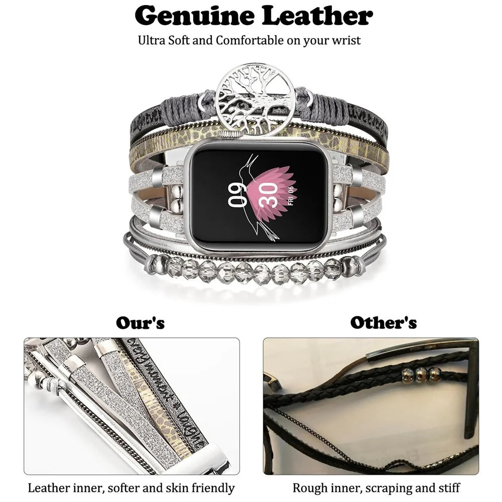 Genuine Leather + Metal Band for Apple Watch Series 11 10 42mm  /  9 8 7 41mm  /  SE3 SE2 SE 6 5 4 40mm  /  3 2 1 38mm Multi-layer Bracelet Wrist Strap with Folding Clasp - Grey - 6