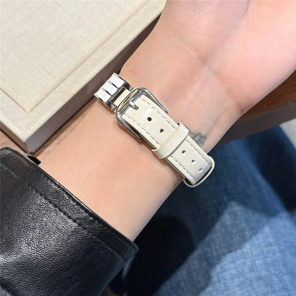 Textured Genuine Leather + Metal Strap for Apple Watch Series 11 10 42mm  /  9 8 7 41mm  /  SE3 SE2 SE 6 5 4 40mm  /  3 2 1 38mm Adjustable Watch Band - Beige / Silver Buckle - 6
