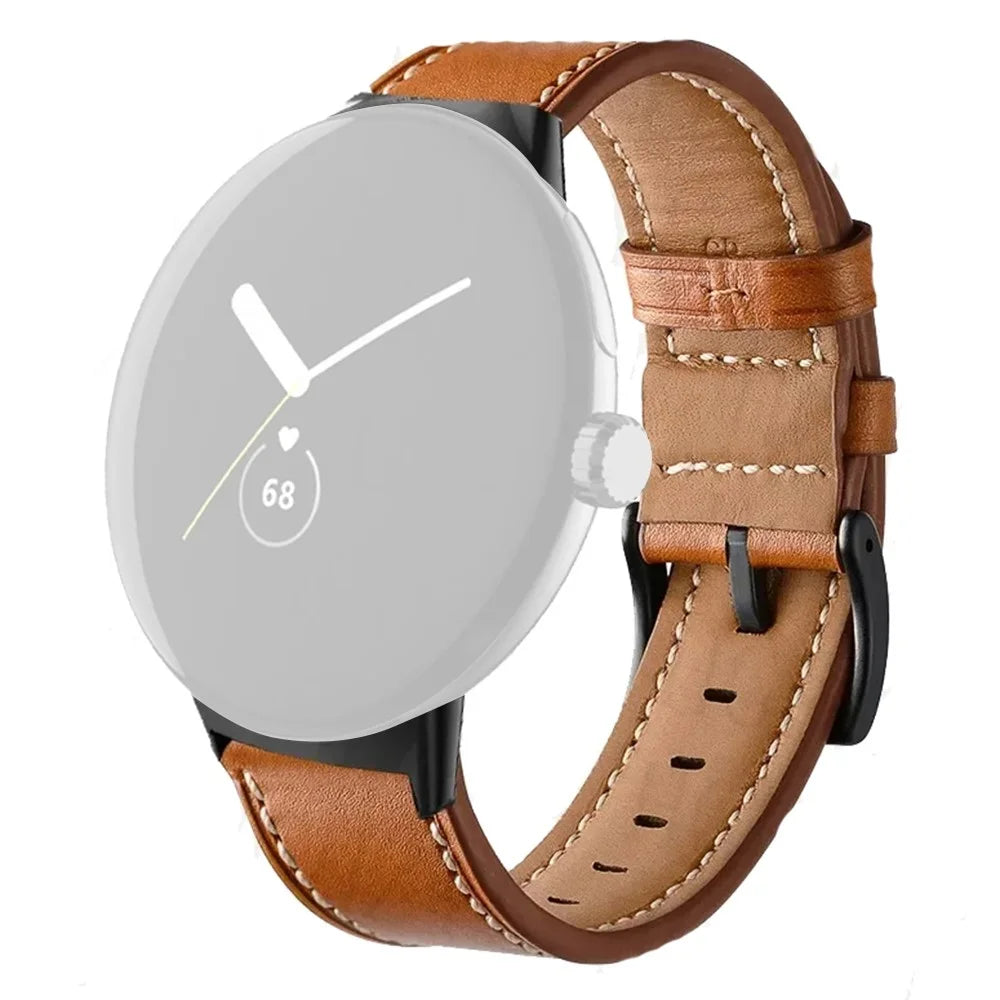 Fiber Leather Watch Band for Google Pixel Watch 4 45mm / Watch 3 45mm Stitching Line Quick Release Replacement Strap - Brown - 1