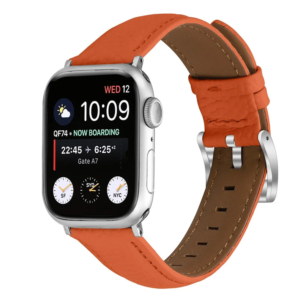 Litchi Textured Genuine Leather Strap for Apple Watch Series 11 10 42mm  /  9 8 7 41mm  /  SE3 SE2 SE 6 5 4 40mm  /  3 2 1 38mm Pointed-End Watch Band with Silver Buckle - Orange - 3