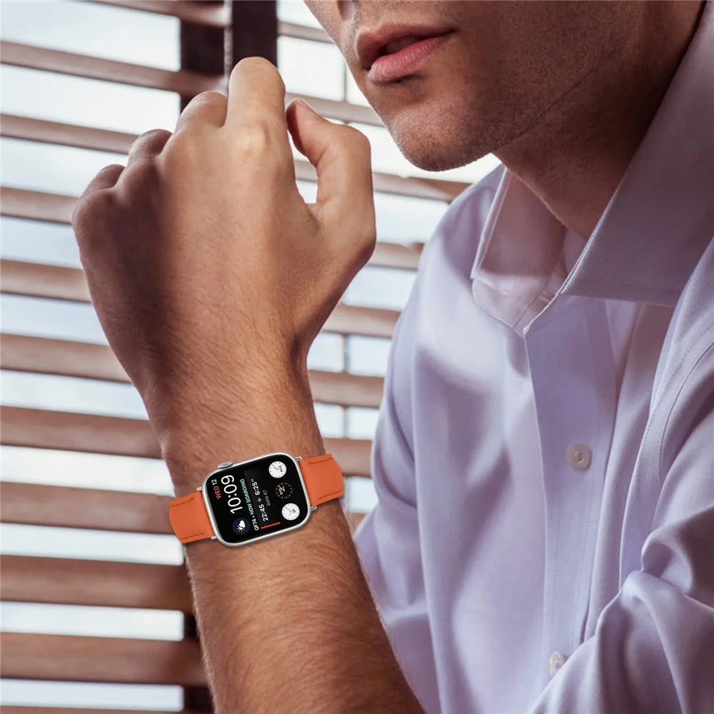 Litchi Textured Genuine Leather Strap for Apple Watch Series 11 10 42mm  /  9 8 7 41mm  /  SE3 SE2 SE 6 5 4 40mm  /  3 2 1 38mm Pointed-End Watch Band with Silver Buckle - Orange - 6