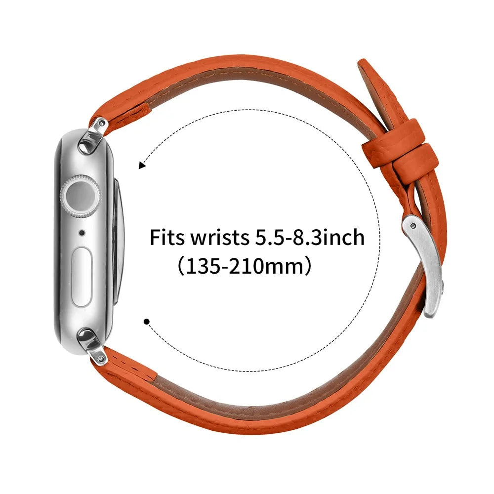 Litchi Textured Genuine Leather Strap for Apple Watch Series 11 10 42mm  /  9 8 7 41mm  /  SE3 SE2 SE 6 5 4 40mm  /  3 2 1 38mm Pointed-End Watch Band with Silver Buckle - Orange - 7