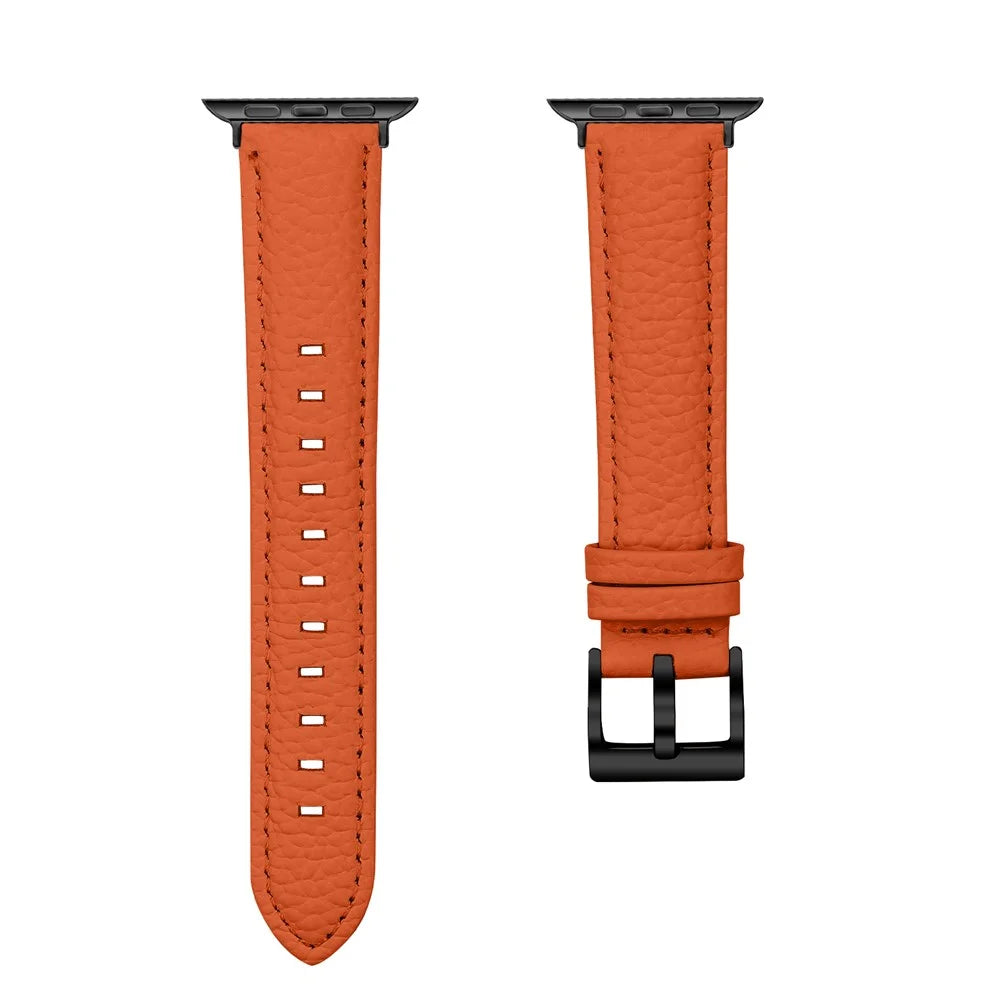 Litchi Textured Genuine Leather Strap with Electroplated Buckle for Apple Watch Series 11 10 42mm  /  9 8 7 41mm  /  SE3 SE2 SE 6 5 4 40mm  /  3 2 1 38mm Pointed-End Watch Band - Orange / Black - 4