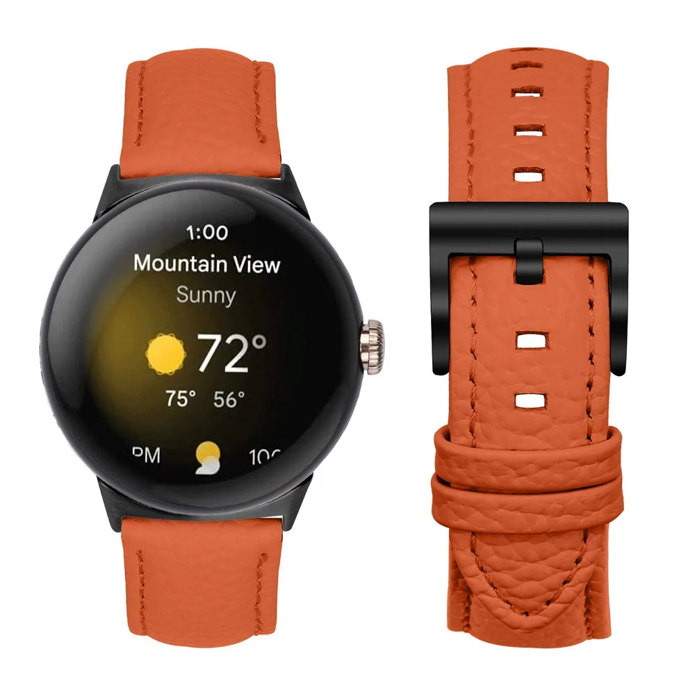 Litchi Textured Genuine Cow Leather Strap with Electroplated Buckle for Google Pixel Watch 4 41mm / Watch 3 41mm / Watch 2 / Watch Pointed-End Watch Band - Orange / Black - 2