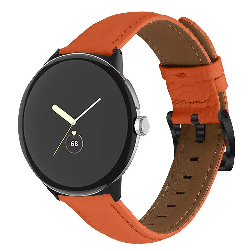 Litchi Textured Genuine Cow Leather Strap with Electroplated Buckle for Google Pixel Watch 4 41mm / Watch 3 41mm / Watch 2 / Watch Pointed-End Watch Band - Orange / Black - 3