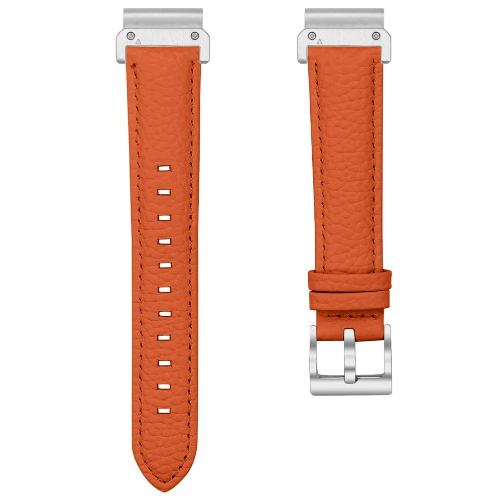 Litchi Texture Genuine Cow Leather Strap for Garmin Fenix 8 47mm / Tactix 8 47mm / quatix 8 47mm Pointed-End Watch Band with Silver Buckle - Orange - 3