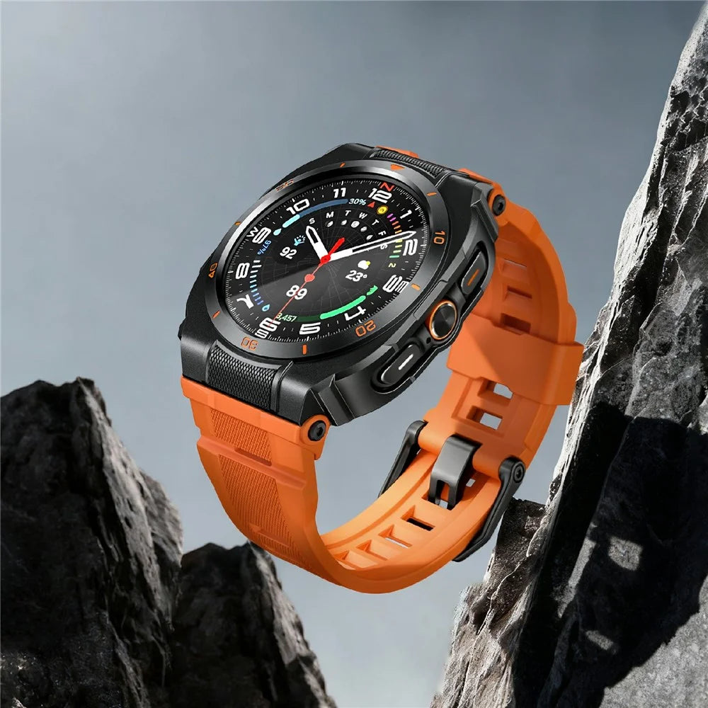 For Samsung Galaxy Watch Ultra (2025) 47mm / Ultra 47mm Silicone Strap with Case 2 in 1 Protective Cover Band Combo Zinc Alloy Bumper - Black / Orange - 4