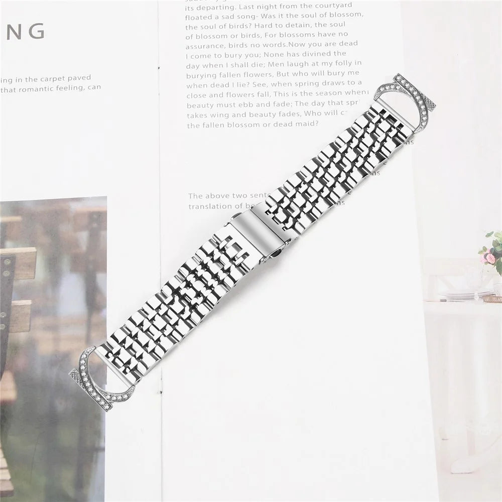 For Garmin Forerunner 570 42mm Watch Band Seven Bead Stainless Steel Strap with Rhinestone Ox Horn Style Connector - Silver - 3