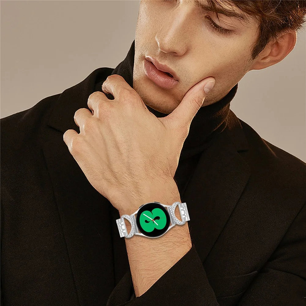 For Huami Amazfit T-Rex 3 Pro 44mm Watch Band Seven Bead Stainless Steel Strap with Rhinestone Ox Horn Style Connector - Silver - 4