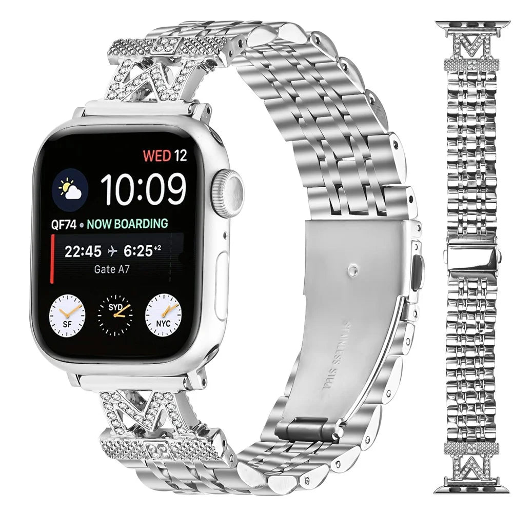 Stainless Steel Strap For Apple Watch Ultra 3 2 1 49mm  /  Series 11 10 46mm  /  9 8 7 45mm  /  SE3 SE2 SE 6 5 4 44mm  /  3 2 1 42mm Rhinestone Decor M-Shaped Connector - Silver - 3