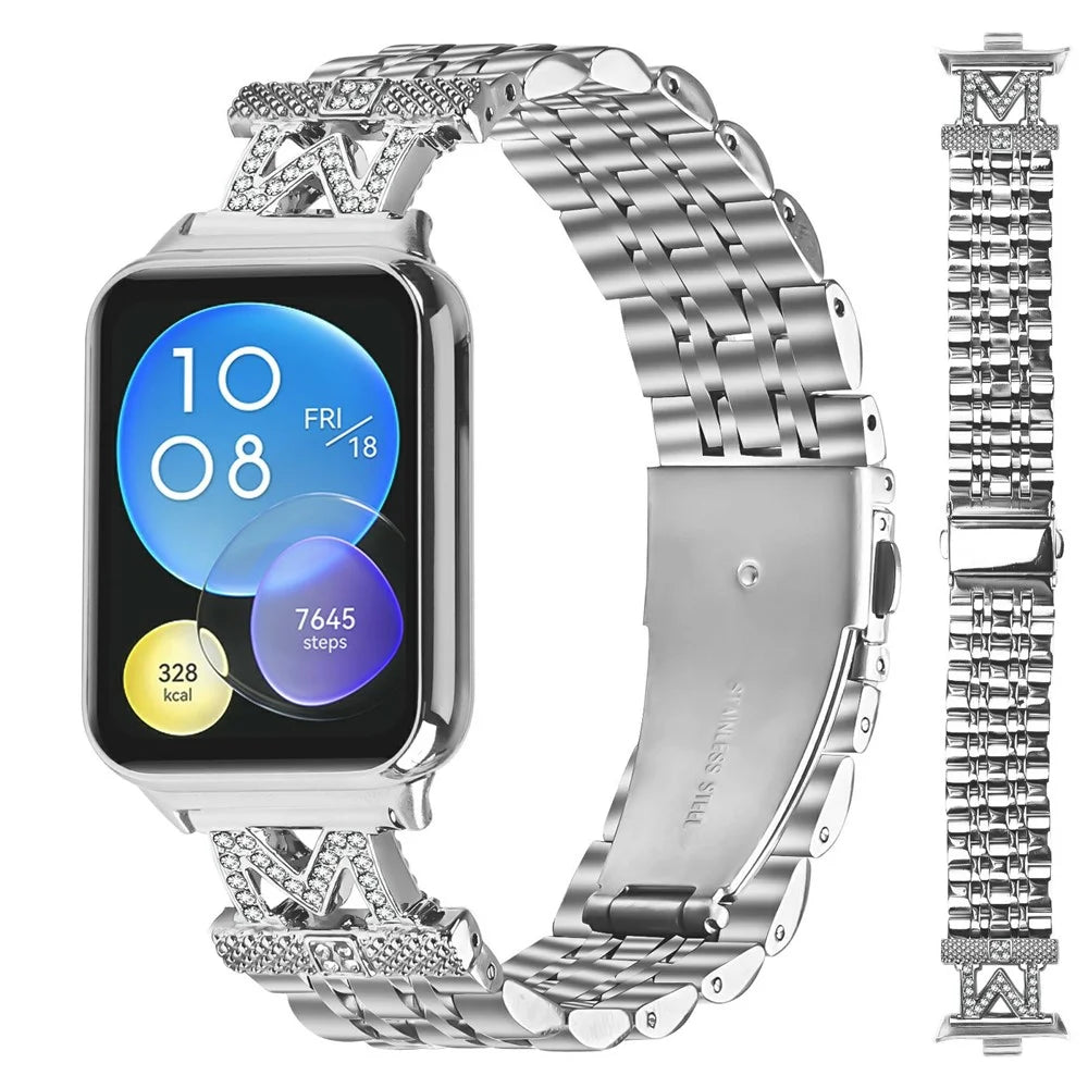 For Xiaomi Smart Band 10 Pro / 9 Pro / 8 Pro / Redmi Watch 6 / 5 / 4 Watch Band Stainless Steel Strap with Rhinestone Decor M-Shaped Connector - Silver - 3