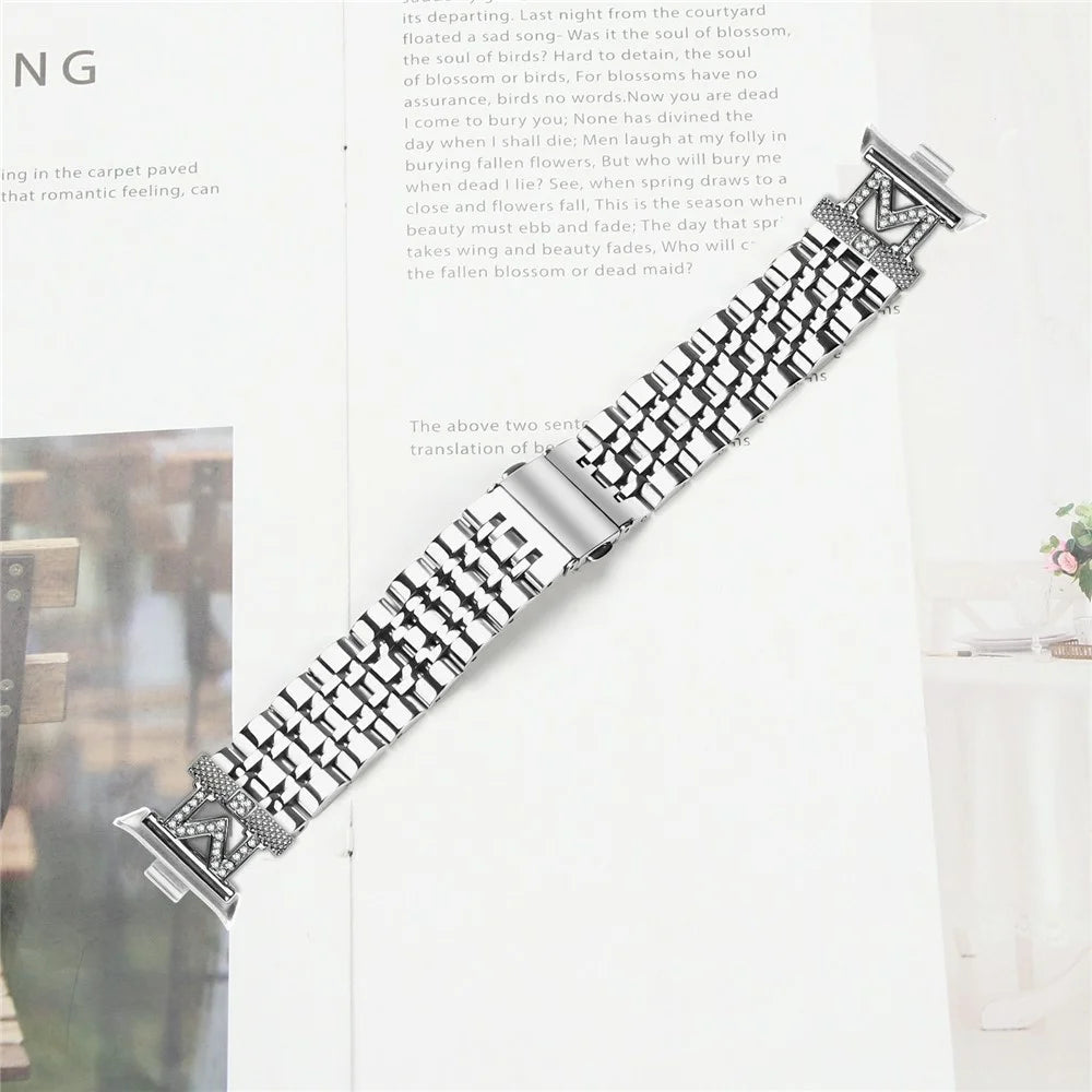 For Xiaomi Smart Band 10 Pro / 9 Pro / 8 Pro / Redmi Watch 6 / 5 / 4 Watch Band Stainless Steel Strap with Rhinestone Decor M-Shaped Connector - Silver - 6
