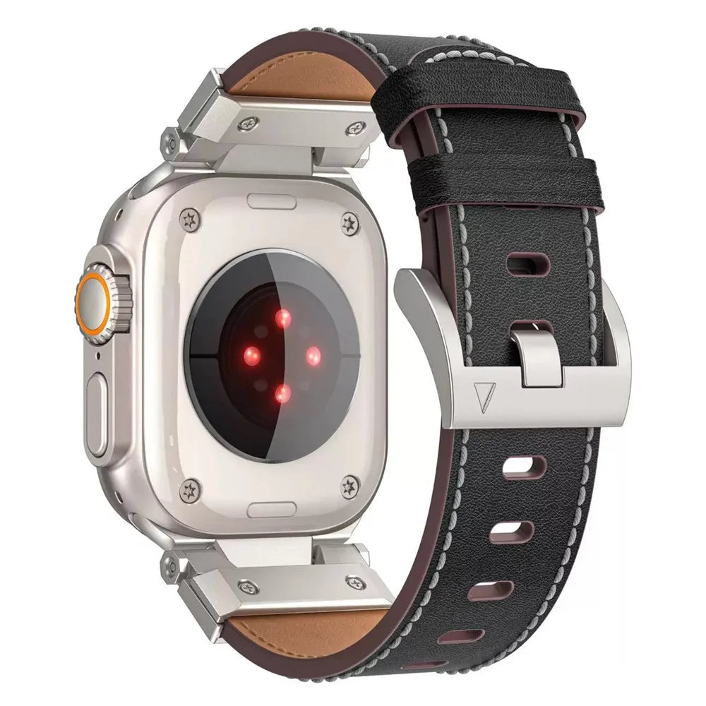 COTECI iW-004 Watch Band for Apple Watch Ultra 3 2 1 49mm  /  Series 11 10 46mm  /  9 8 7 45mm  /  SE3 SE2 SE 6 5 4 44mm  /  3 2 1 42mm Mecha Top Layer Genuine Cow Leather Strap - Black - 1