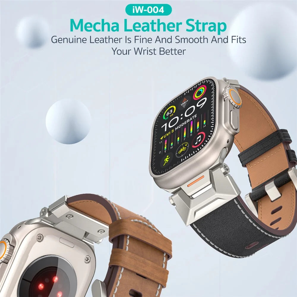 COTECI iW-004 Watch Band for Apple Watch Ultra 3 2 1 49mm  /  Series 11 10 46mm  /  9 8 7 45mm  /  SE3 SE2 SE 6 5 4 44mm  /  3 2 1 42mm Mecha Top Layer Genuine Cow Leather Strap - Black - 2