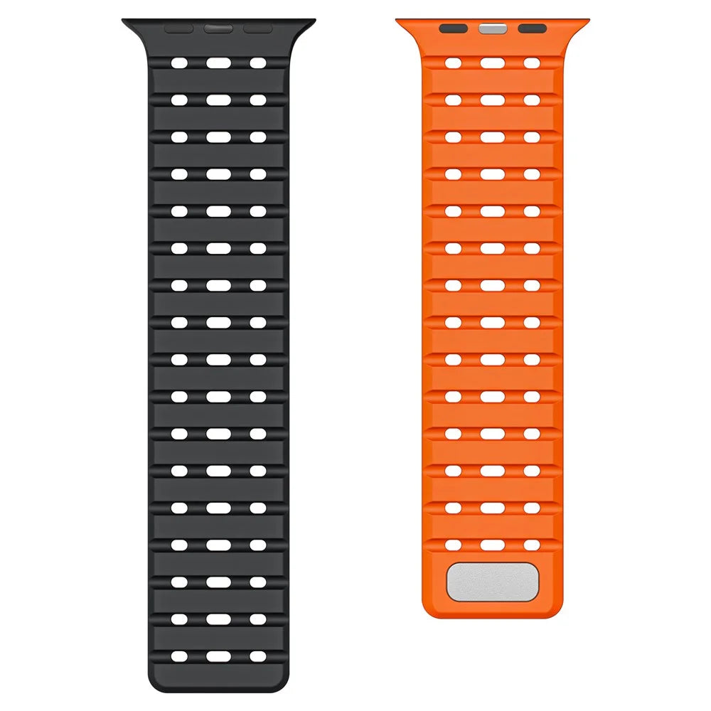 COTECI IW-016 Magnetic Silicone Strap for Apple Watch Series 11 10 42mm / 9 8 7 41mm / SE3 SE2 SE 6 5 4 40mm / 3 2 1 38mm Dual Color Watch Band - Black / Orange - 1