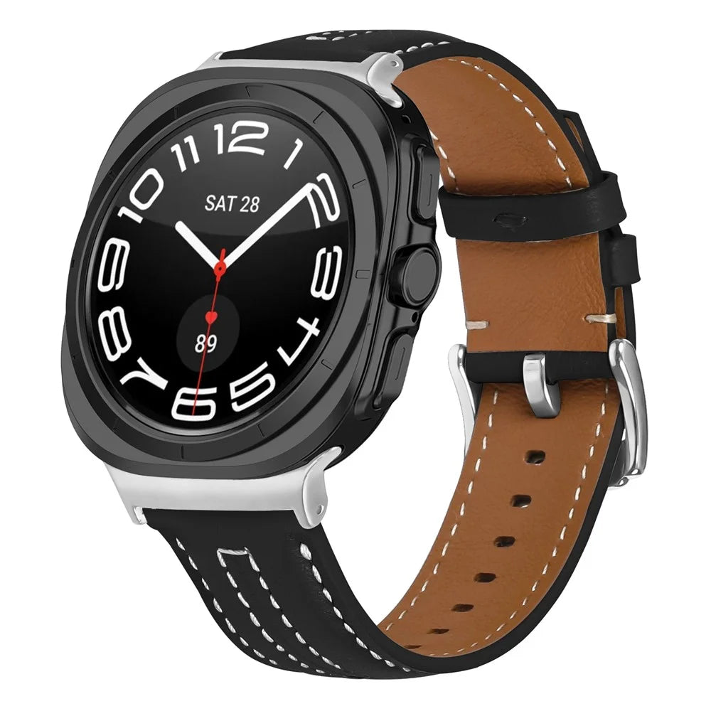 Leather Watch Band for Samsung Galaxy Watch Ultra2 47mm / Watch Ultra (2025) 47mm / Watch Ultra 47mm Wristband Replacement with Stitching - Black - 2