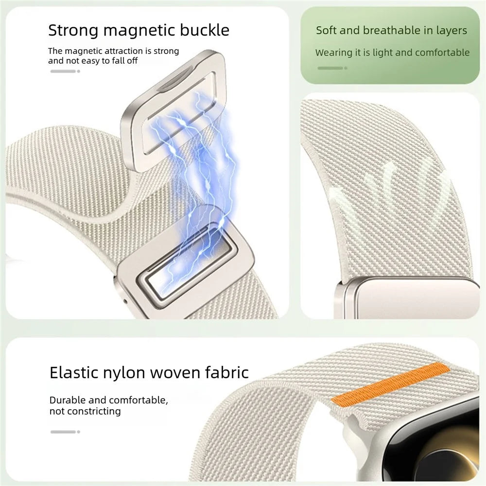Double Magnetic Buckle Strap for Apple Watch Series 11 10 42mm / 9 8 7 41mm / SE3 SE2 SE 6 5 4 40mm / 3 2 1 38mm Stretchy Woven Nylon Band - Starlight - 4